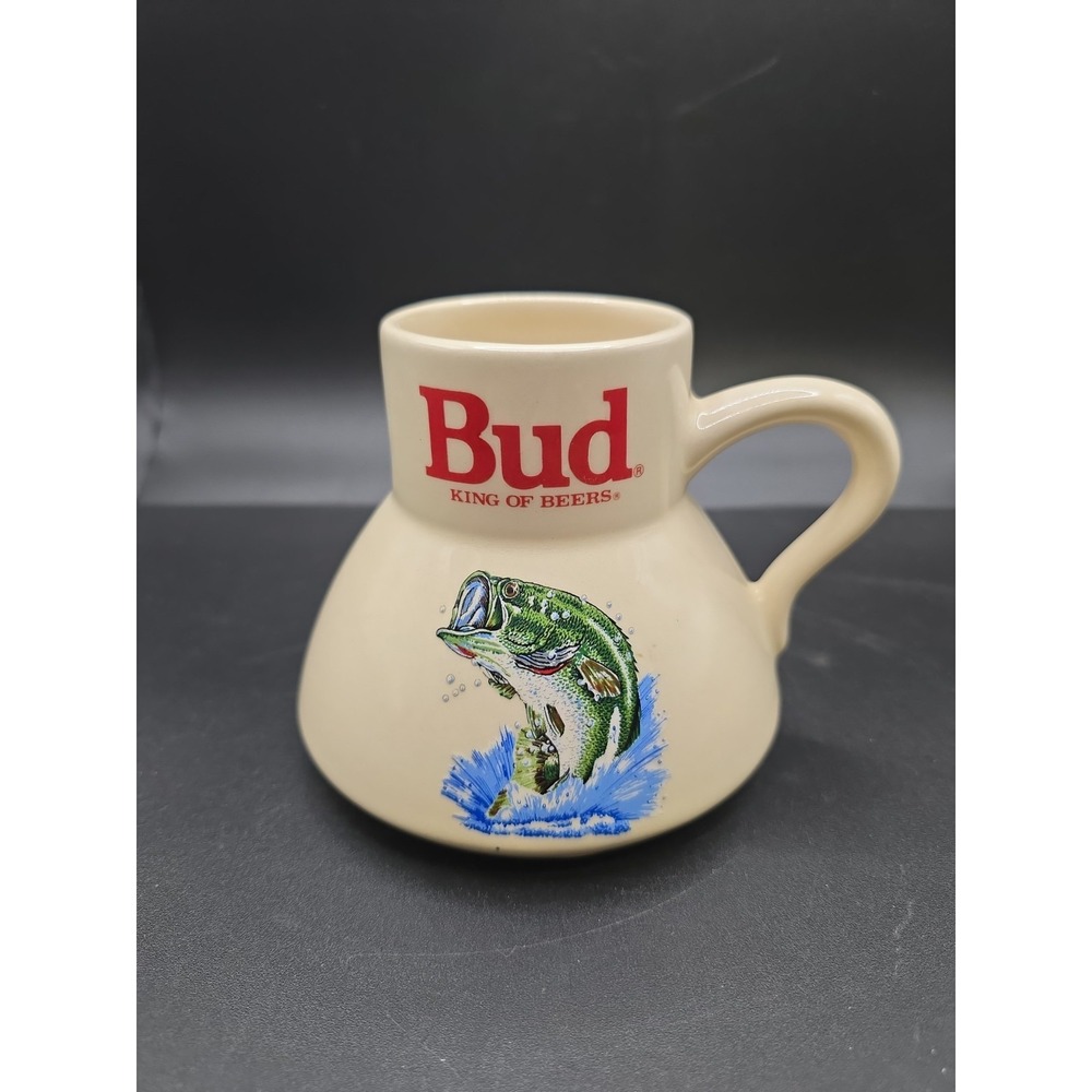 Vintage Ceramic Budweiser No Spill Coffee Mug Bass Fishing